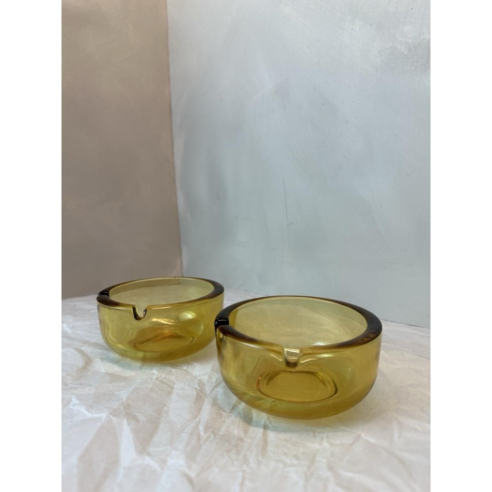 Vintage Yellow Glass Amber Gold Small Round Ashtray 2 Slot 3.75" Heavy MCM Pair